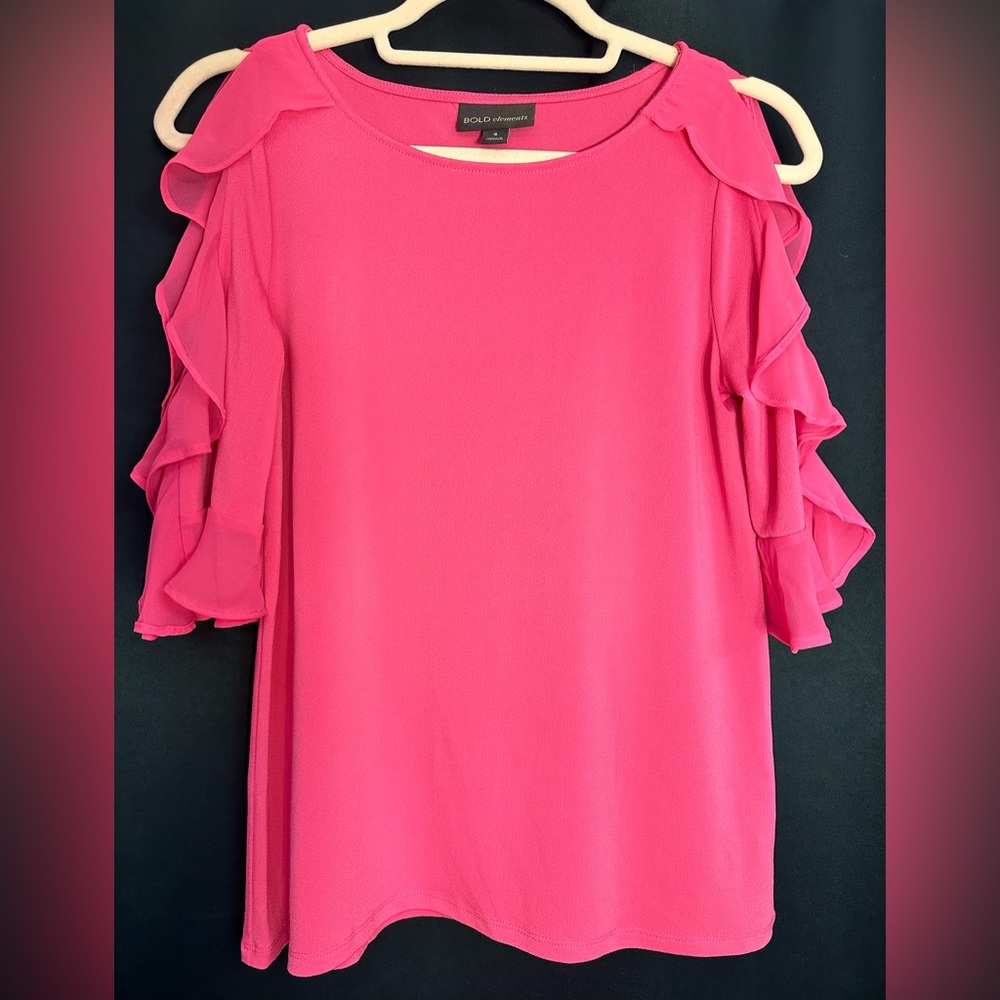 BOLD elements pink ruffle cold shoulder blouse